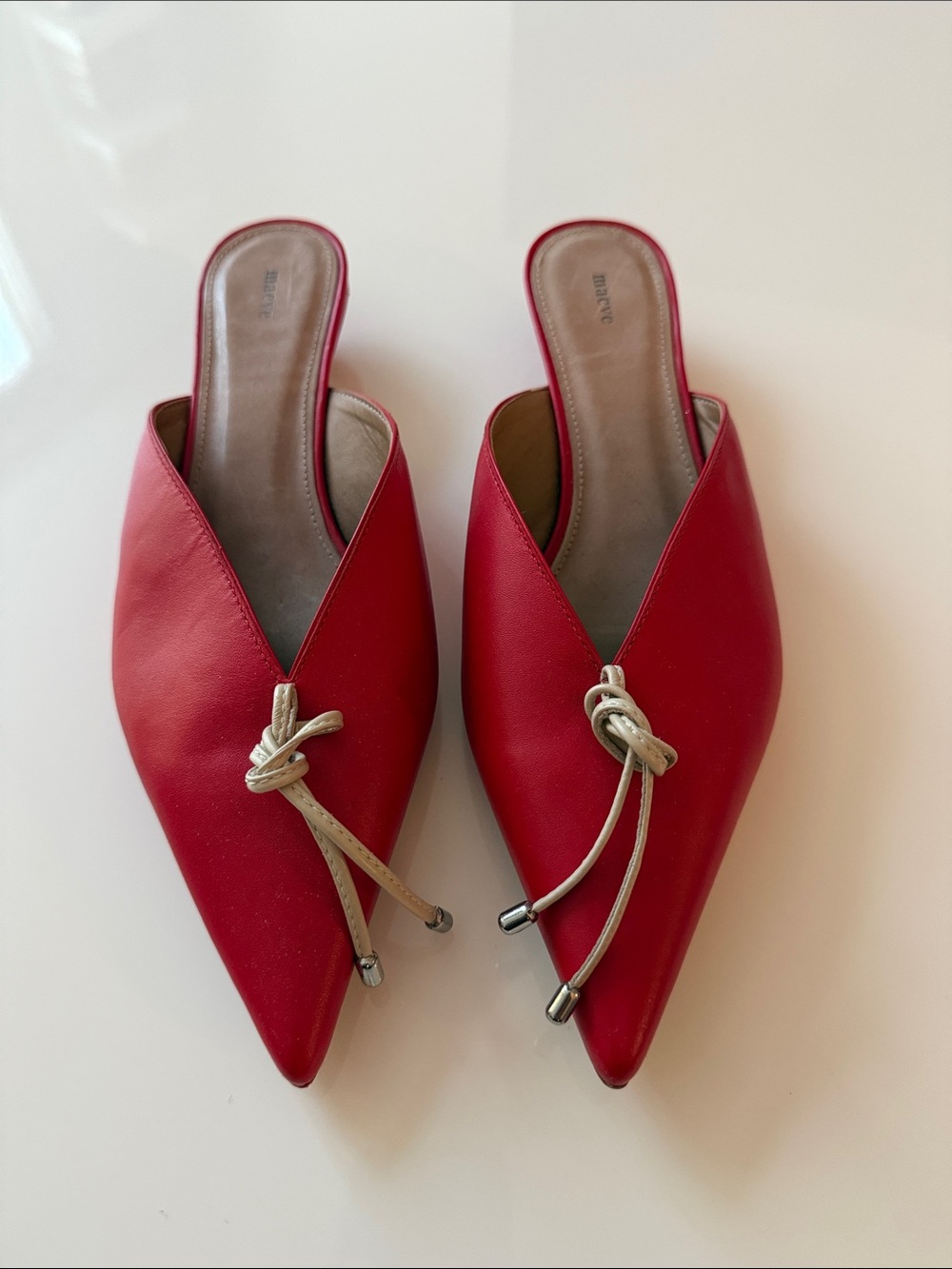 Maeve Red Pointed-Toe Slip-On Mules with Knot Accent